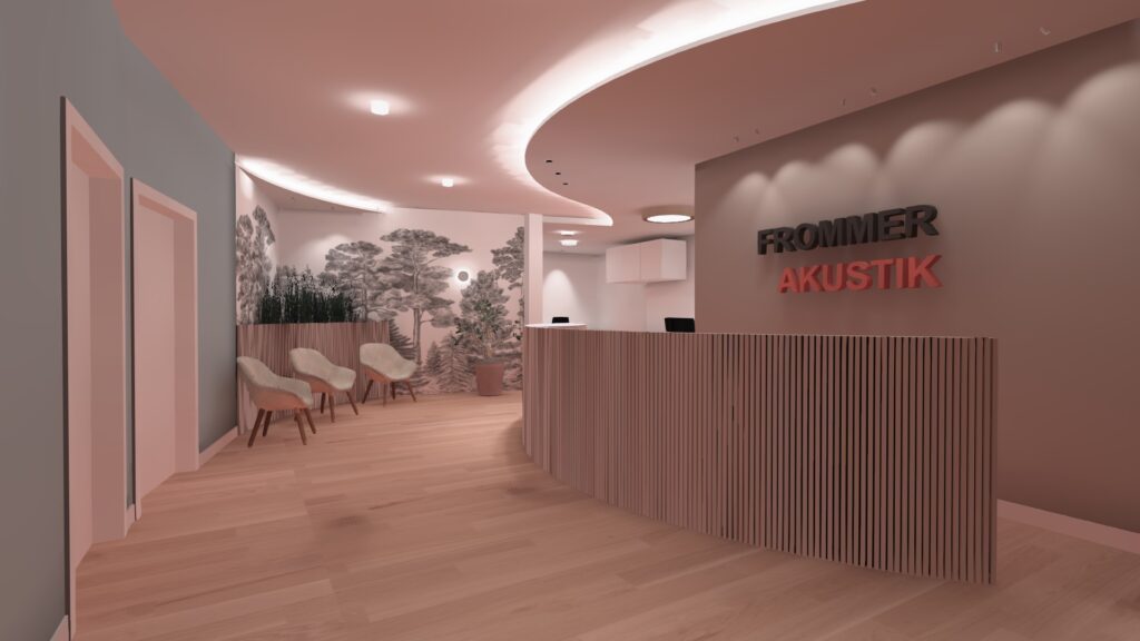 Eine moderne Rezeptionen mit hellen Elementen und warmem Licht